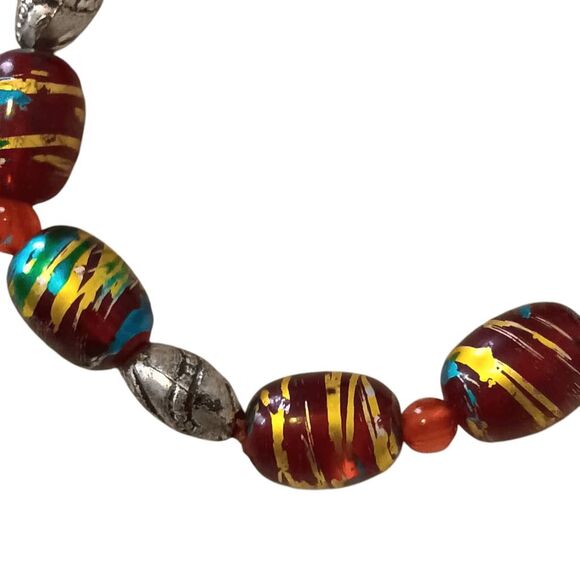 Handmade Glass Bead Bracelet Red Gold Stretch Band - Picture 2 of 5